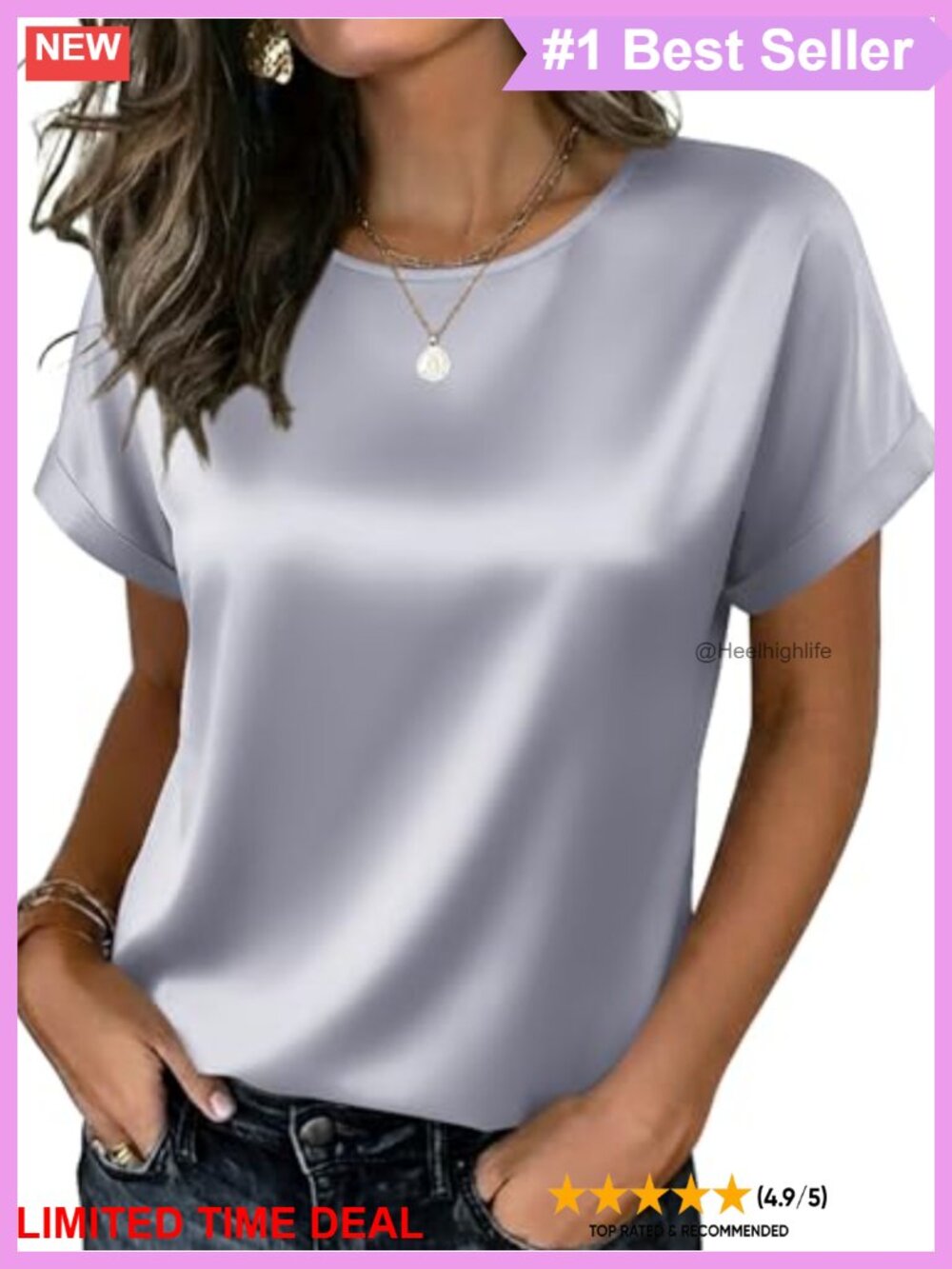 Satin Silk Short Sleeve Blouse Crewneck Dressy Casual Top
